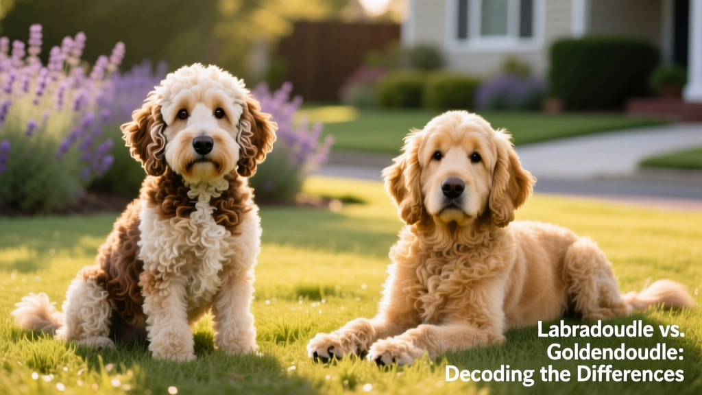 Side-by-side comparison of a Labradoodle and Goldendoodle sitting calmly on grass
