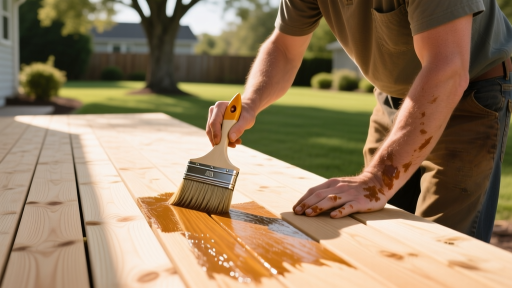 Homeowner applying penetrating oil sealer to a newly built pressure-treated pine deck using a wide brush on a sunny afternoon