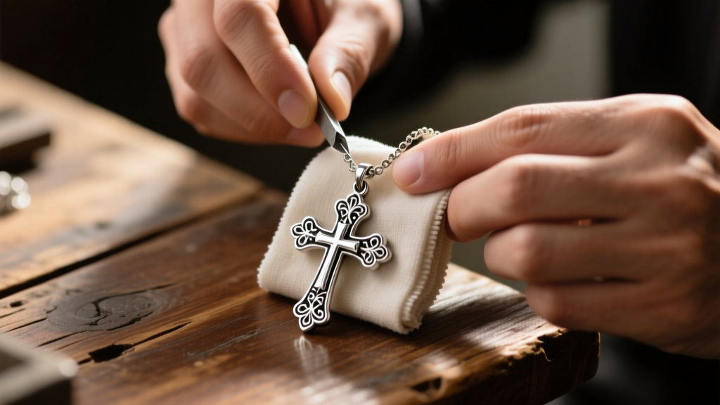 Hands polishing a tarnished sterling silver Catholic charm necklace with a microfiber cloth on a rustic wooden desk.
