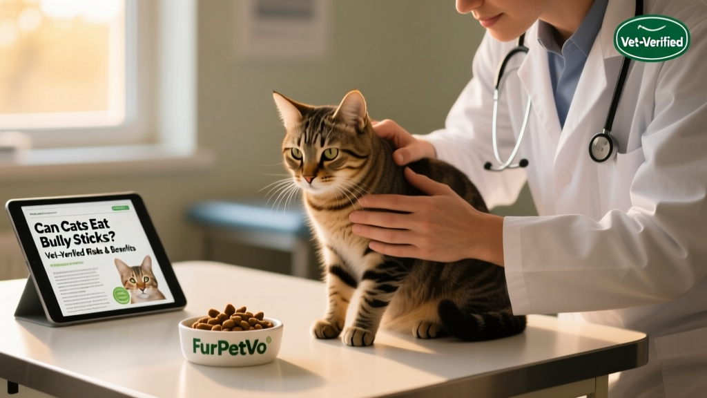 Veterinarian gently examining a calm cat during a wellness check, with FurPetVo treats visible on the exam table