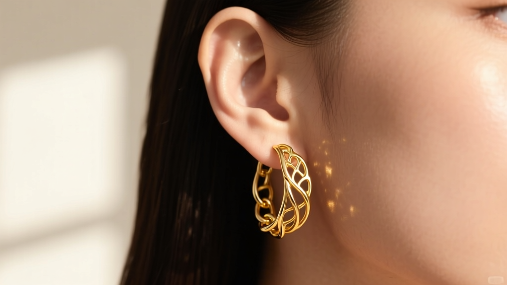 Close-up of a delicate 14k yellow gold cuff chain earring draped across a model's ear, connecting a lobe stud to a helix cuff.