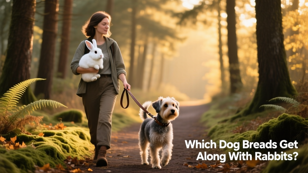 A person holding a rabbit in one arm while walking a calm, leashed dog on a quiet trail