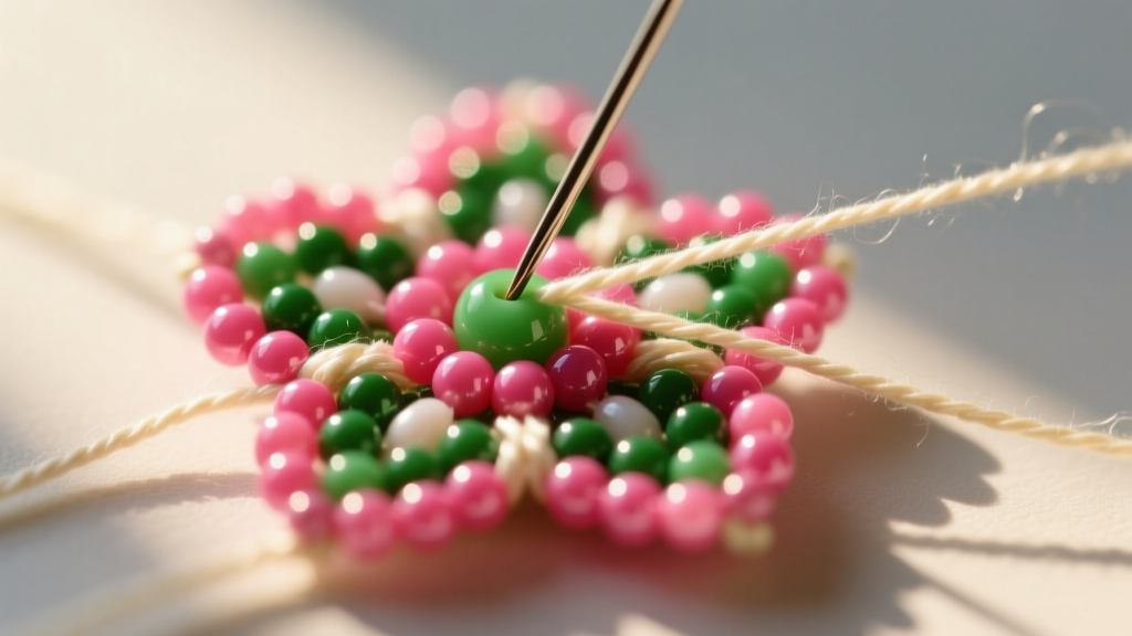 Macro shot of a needle weaving thread through pink and green seed beads forming a floral petal using the brick stitch technique