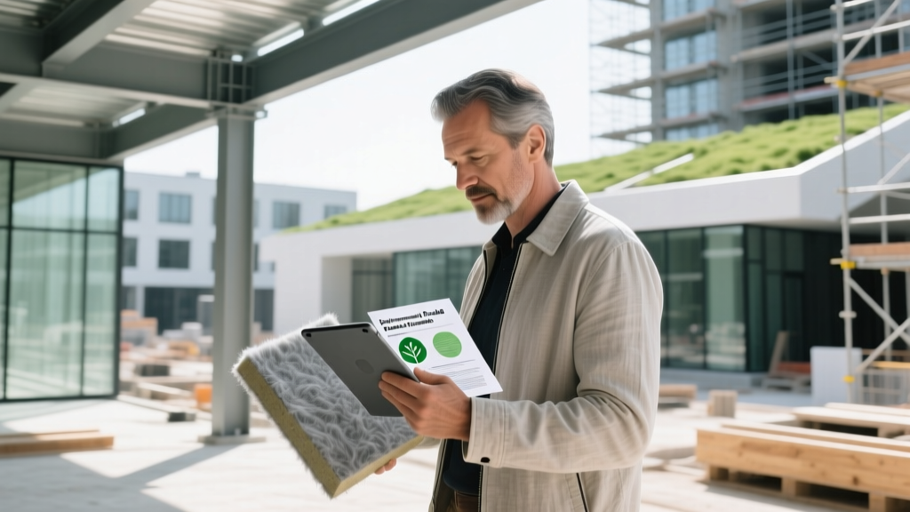 Architect reviewing Environmental Product Declarations on a tablet while inspecting low-VOC insulation materials at a commercial construction site.