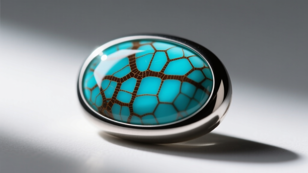 Macro photography of a natural turquoise cabochon showing intricate brown spiderweb matrix patterns against a dark silver bezel