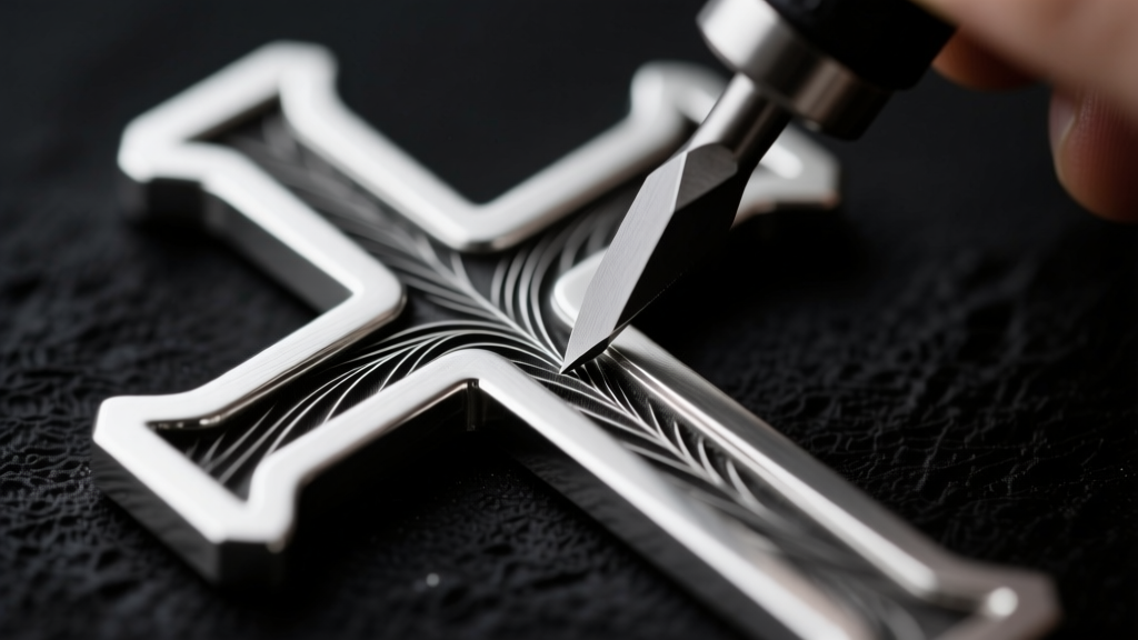 Sterling silver cross being hand-engraved with a graver, showing polished silver ridges against dark oxidized background recesses.