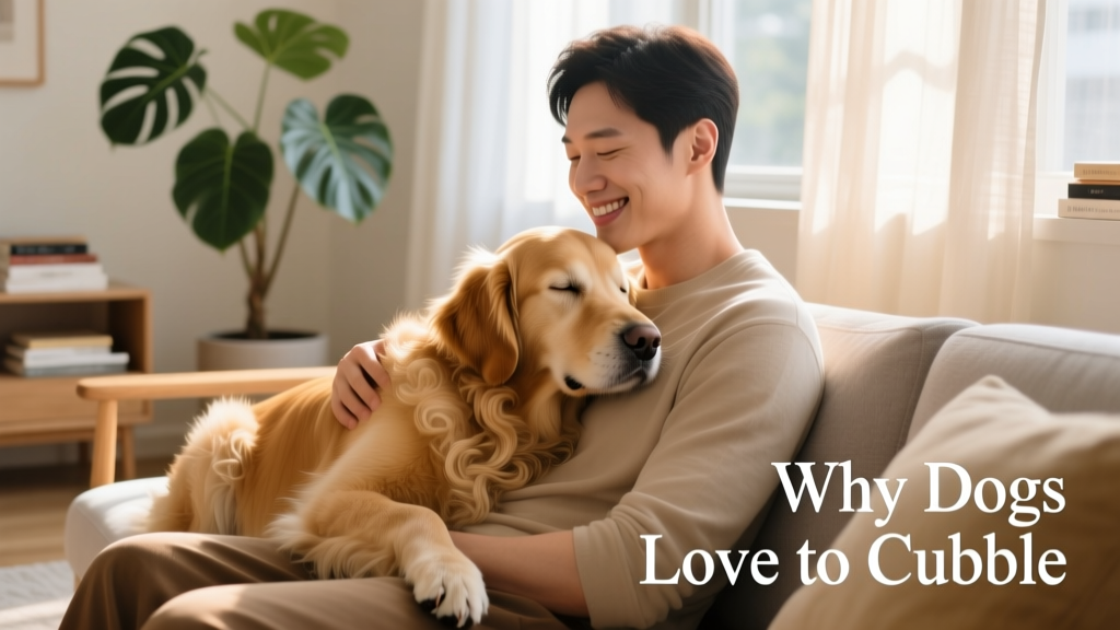 A dog snuggles up next to their human.