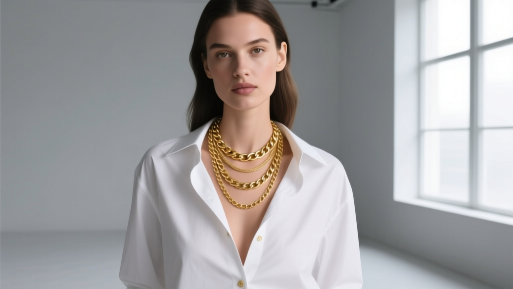 Model wearing a white button-down shirt with top buttons undone, showing layered 18-inch and 20-inch gold chains on bare skin.