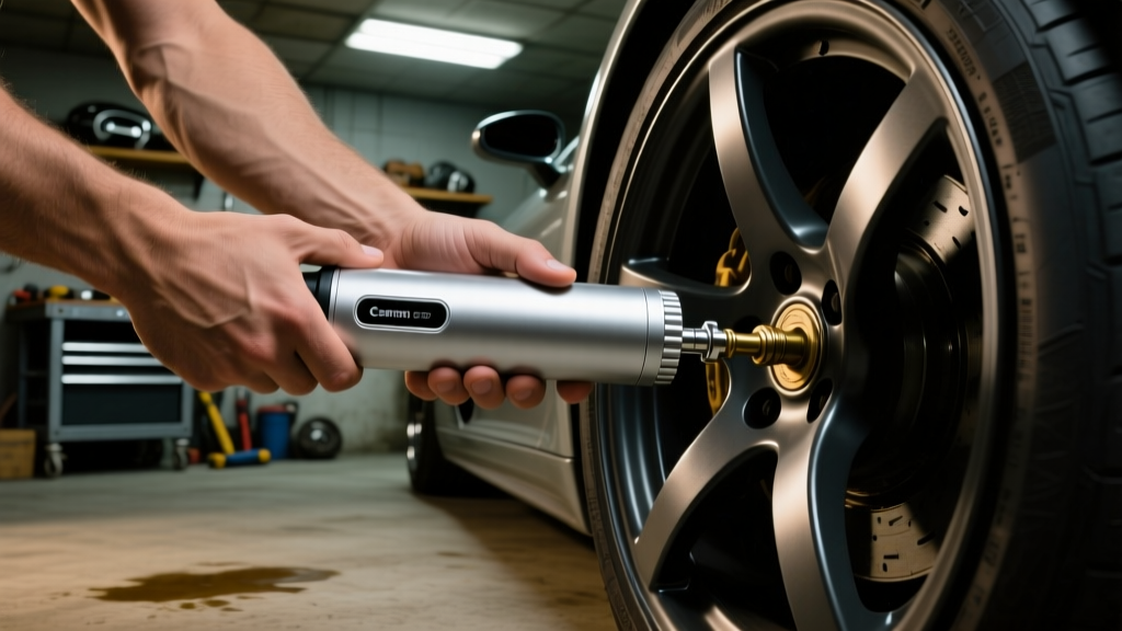 Hands holding sleek silver portable smart tire inflator attached to valve stem of low-profile sports car tire in dimly lit garage