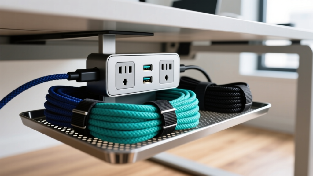 Close-up of under-desk cable management showing a mounted smart power strip, braided sleeves, and velcro ties on a metal mesh tray.