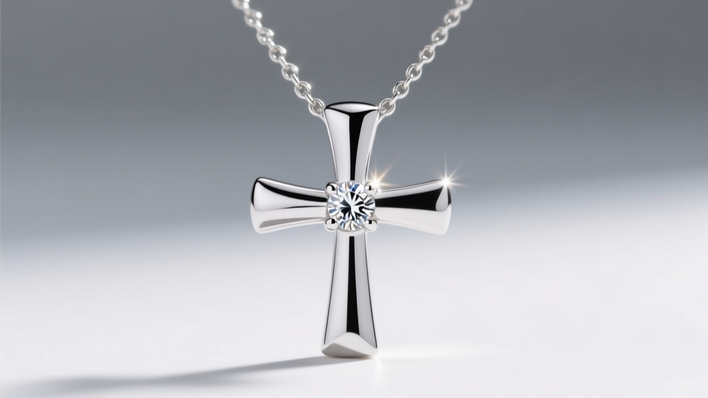 Macro shot of a rhodium-plated sterling silver pretty cross necklace, showing a bright white finish and a small bezel-set diamond.