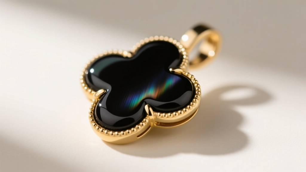 Side profile of a bezel-set black onyx clover pendant showing the gold milgrain edge and a tiny gap where stone meets metal.