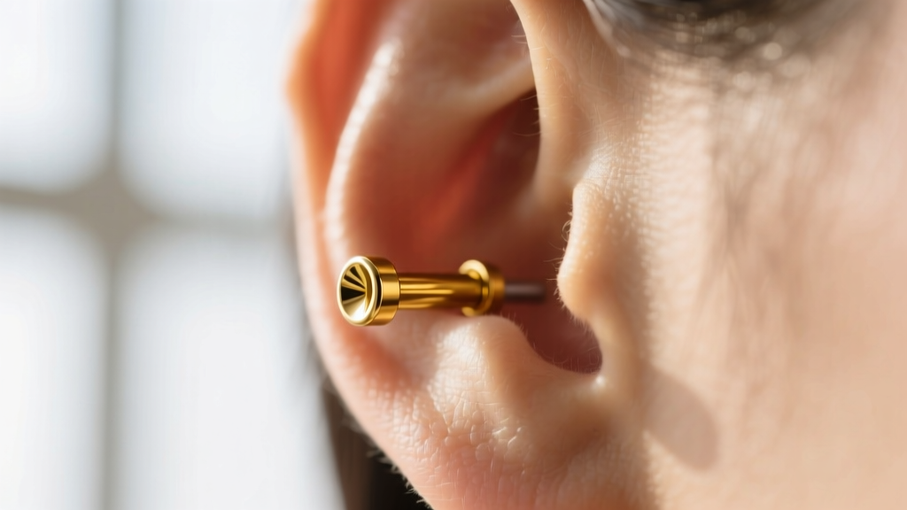 Macro shot of an 18-gauge solid yellow gold threadless end in a left ear helix piercing, showing the high-polish metal finish.
