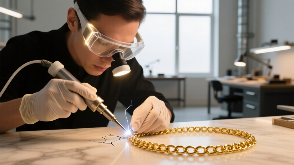 Jeweler wearing a magnifying visor, using a precise laser welder to fuse a microscopic break in a delicate 18k gold figaro chain
