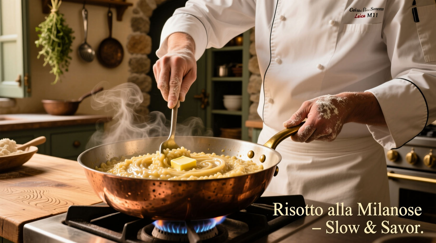 Chef stirring creamy risotto in copper pan