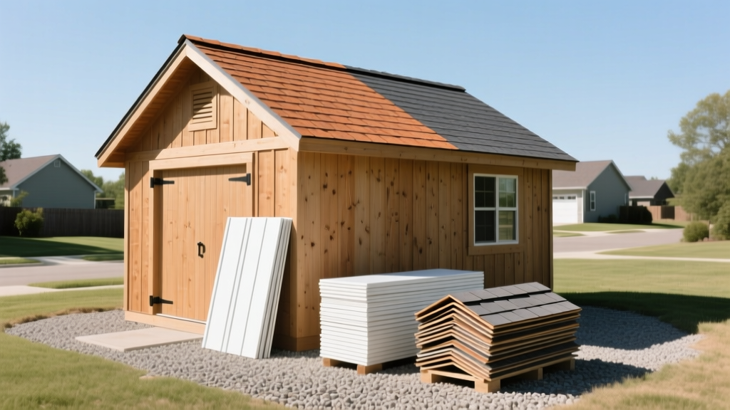 Framed 10x20 wooden gable-roof shed on a gravel pad, with stacked LP SmartSide siding panels and architectural shingle bundles nearby.