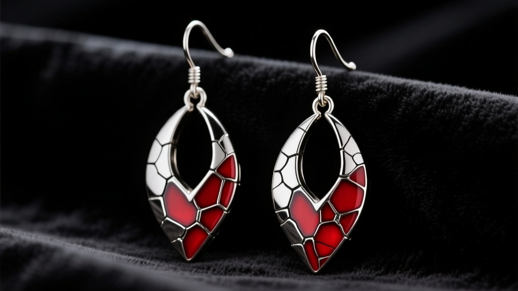 Macro shot of dark gunmetal and crimson red dangle earrings inspired by Blade, featuring cracked enamel details on black velvet.