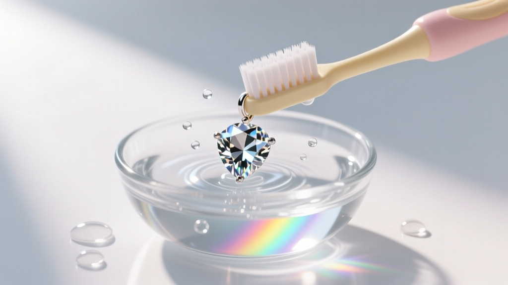 A soft baby toothbrush gently scrubbing a diamond pendant submerged in a small glass bowl of distilled water and mild dish soap.