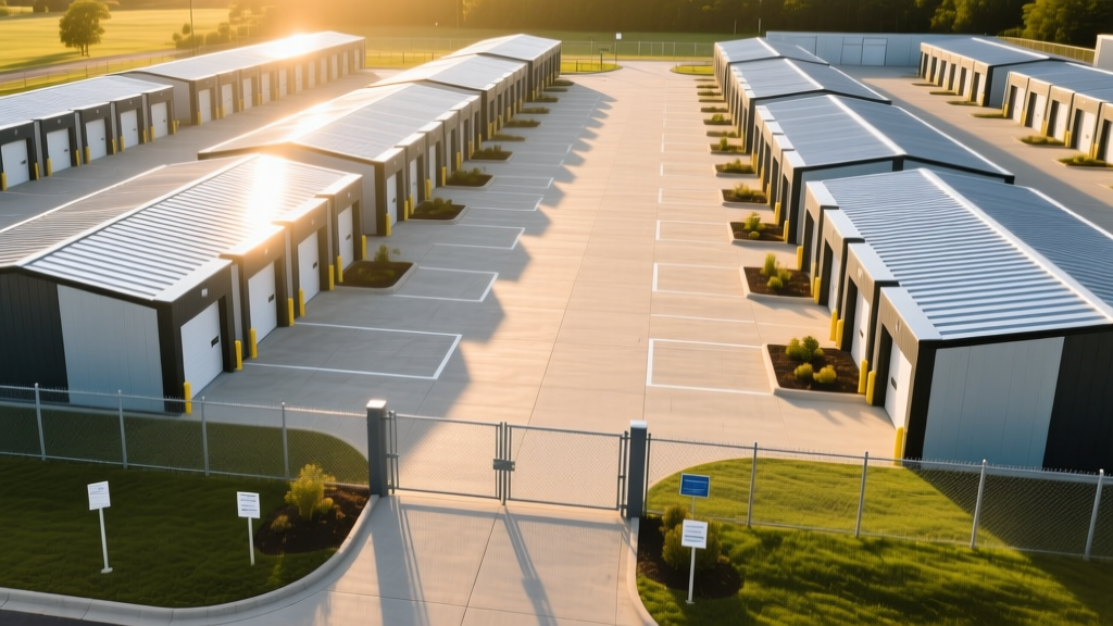 Aerial view of a new commercial self-storage facility with metal roofing, concrete driveways, and secure perimeter fencing