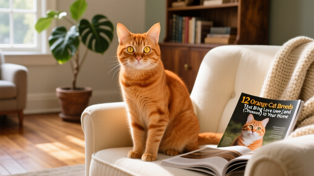 An orange Exotic Shorthair sitting upright on a cozy armchair, gazing thoughtfully at the camera