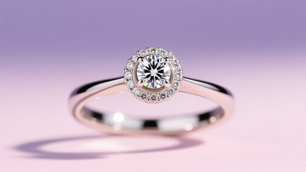 Close-up of a 14k white gold martini setting holding a 4.1mm diamond, side profile against a softly blurred pastel background