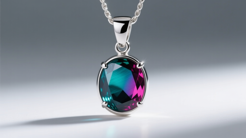 A sterling silver pendant featuring a dichroic glass cabochon shifting from teal to magenta under bright studio lighting.