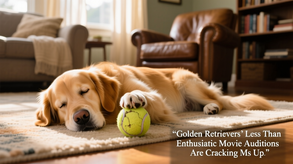 Wally, a relaxed 4-year-old Golden Retriever, lying on a sunlit living room rug with a tennis ball nearby