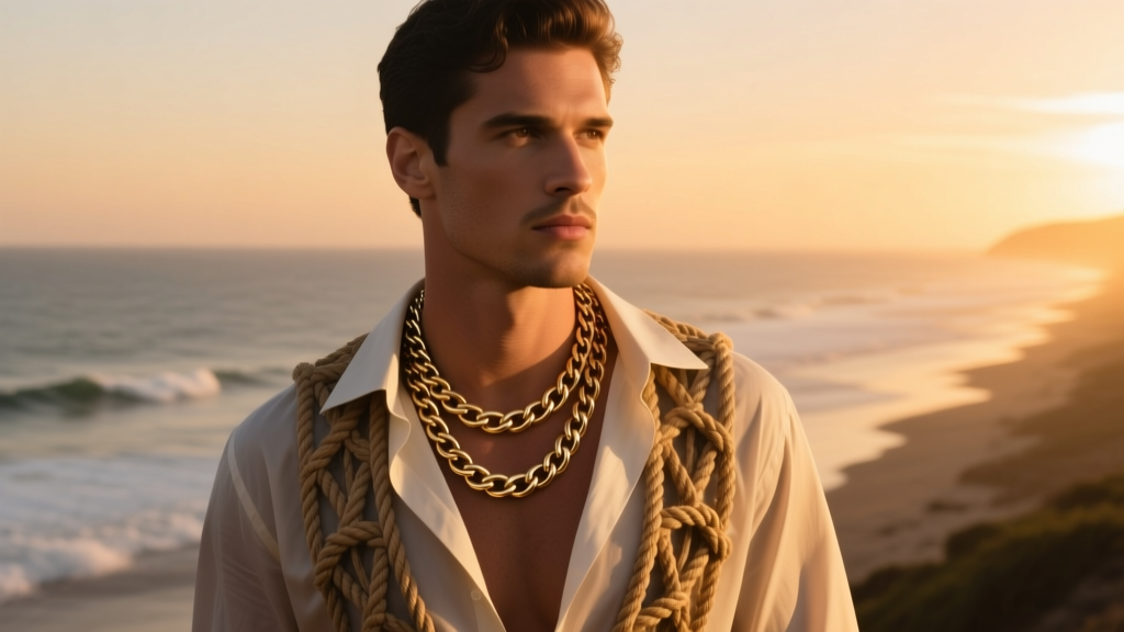 Man in open shirt with layered 4mm rope and 8mm Cuban chains, coastal background, golden hour light, cinematic portrait aesthetic
