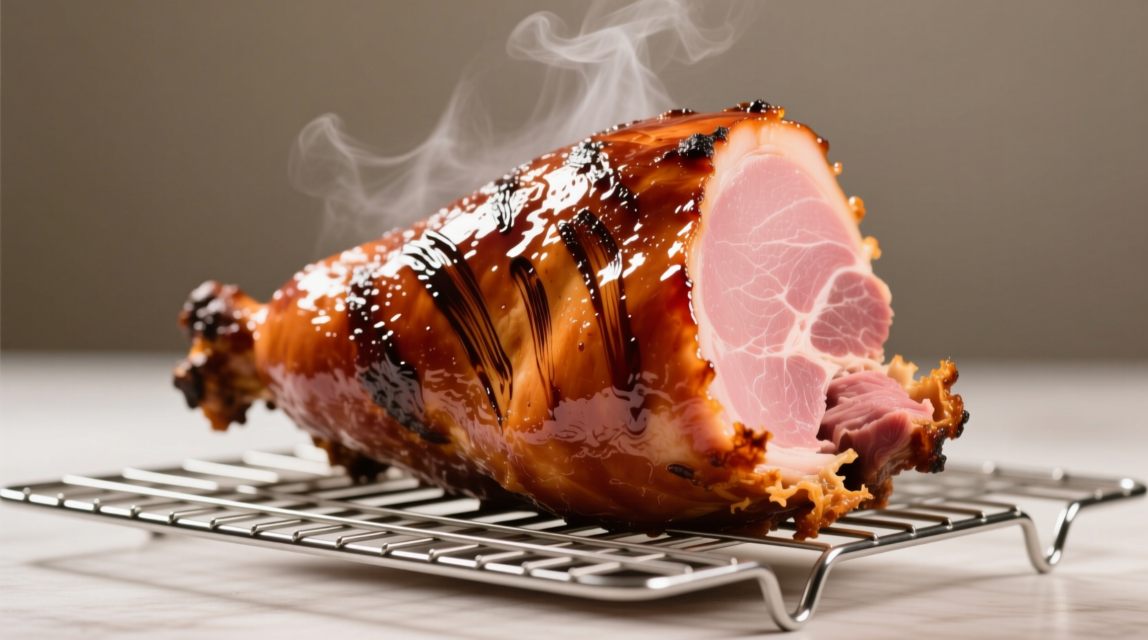 Perfectly glazed pre-cooked ham on baking rack