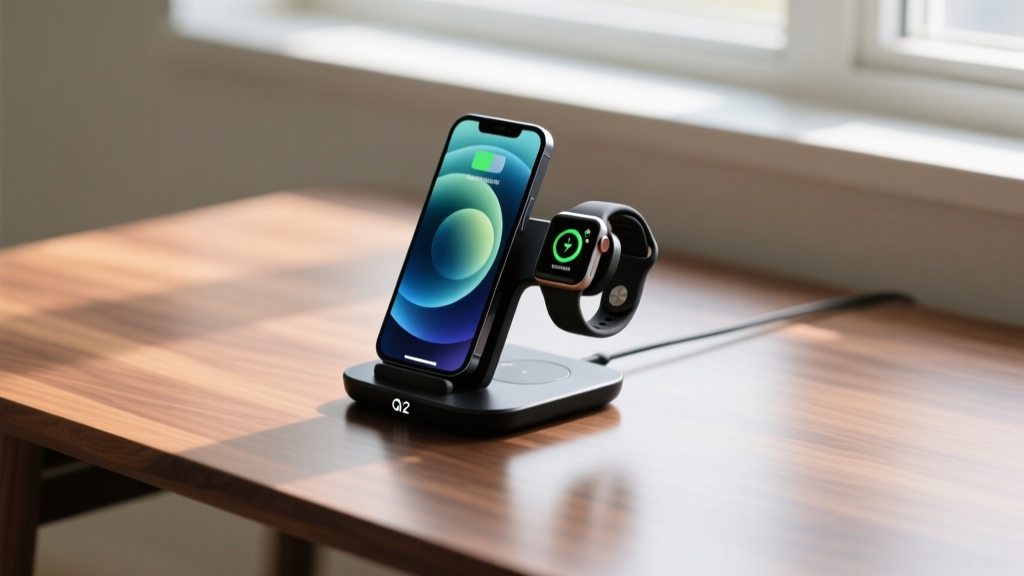 Close-up of a Qi2 wireless charging stand powering a smartphone and smartwatch simultaneously on a clean walnut desk surface