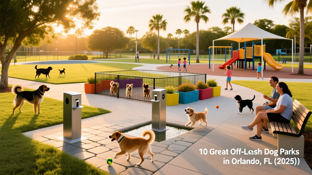 Yucatan Dog Park showing separate large and small dog areas, water stations, and nearby playground