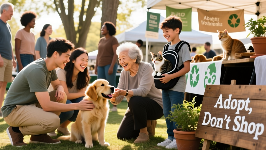 A cheerful, diverse group of people browsing adoptable dogs and cats at an outdoor pet adoption fair