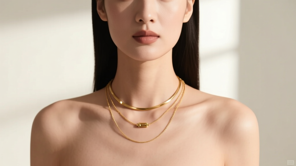 Woman wearing layered 16-inch and 18-inch small gold necklaces, showing collarbone placement and clasp details in soft daylight