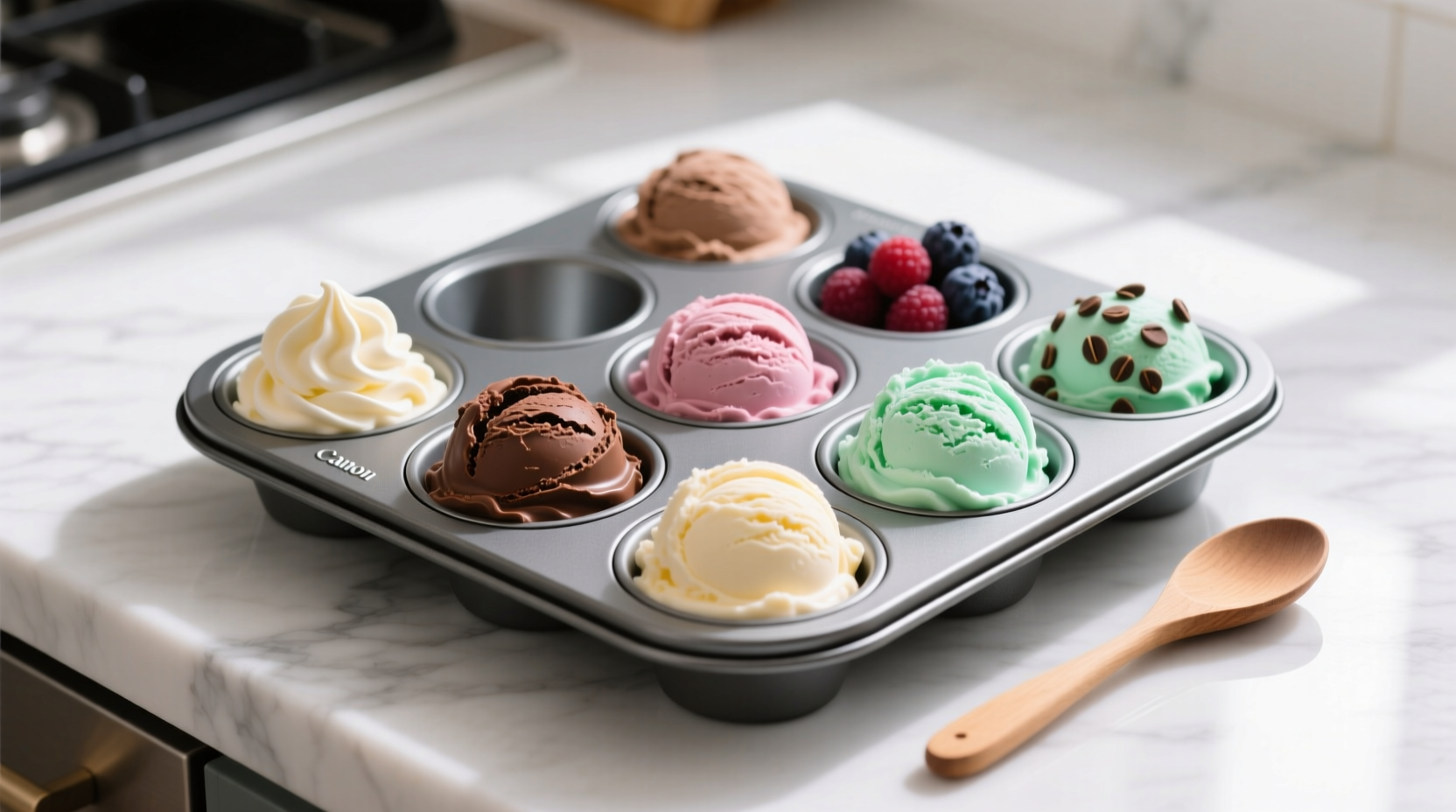 use a muffin tin to portion out ice cream for quick no