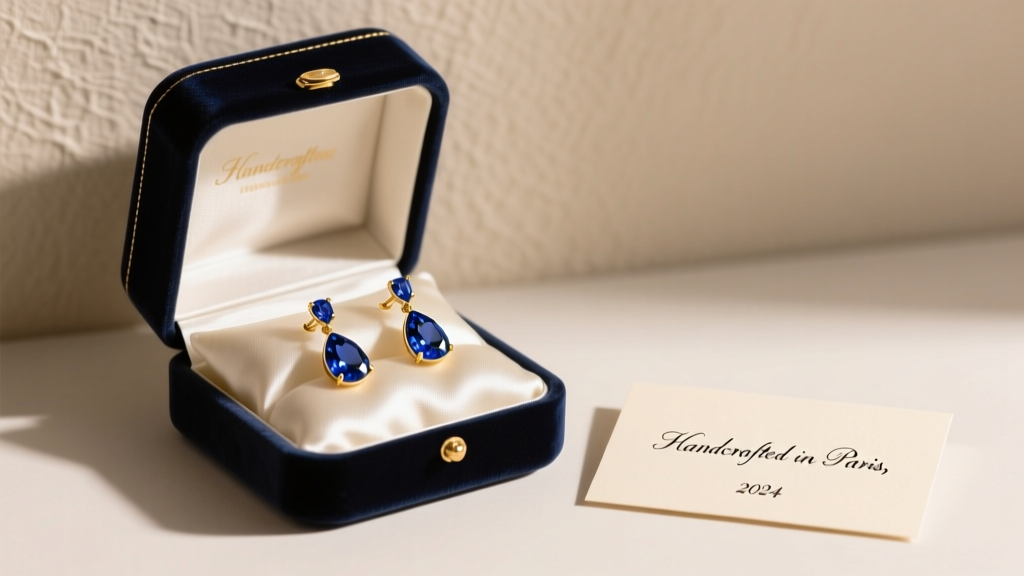 Velvet gift box opened to reveal converted sapphire drop earrings on a silk pillow next to a handwritten provenance card