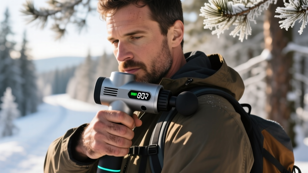 Close-up of a man using a pocket-sized percussive massage gun on his shoulder after a winter hike, showcasing the ergonomic grip and LED display