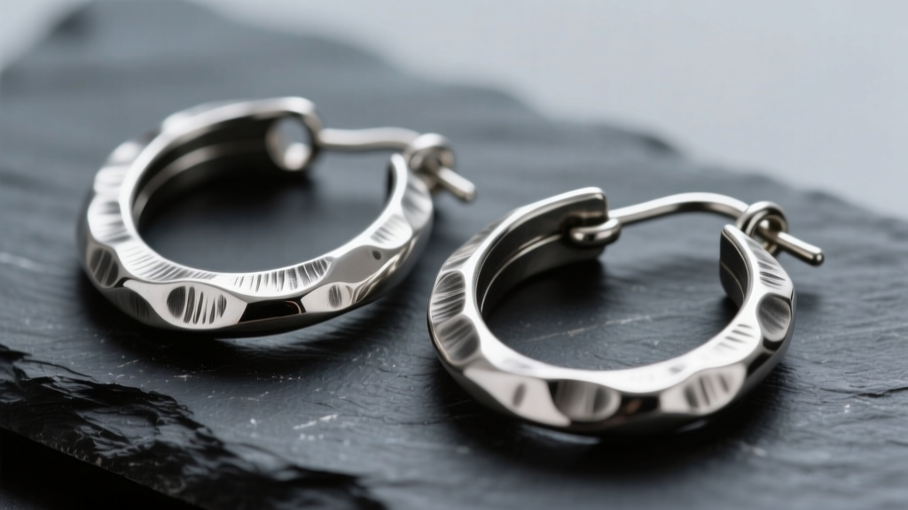 Hand-hammered sterling silver hoop earrings on dark slate, showing textured light reflections and a secure latch-back clasp.