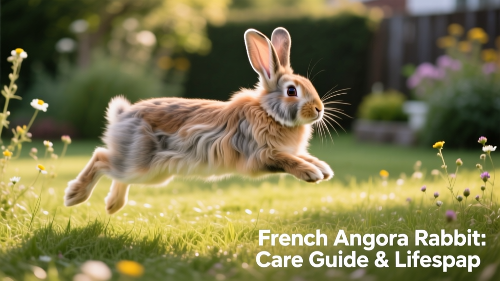 A healthy French Angora rabbit hopping gently across a grassy yard, showing strong posture and glossy coat
