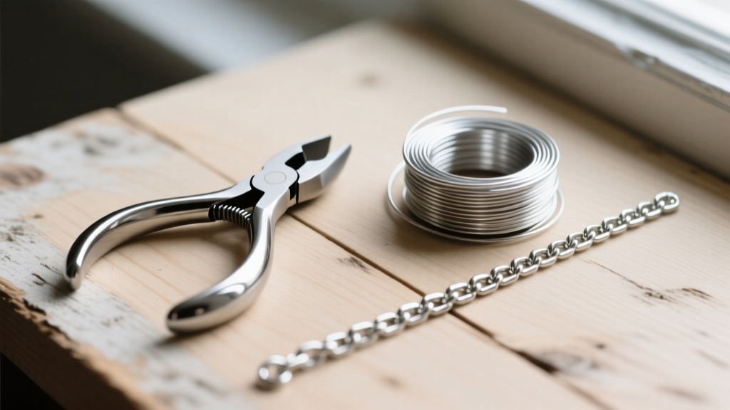 Flat lay of jewelry making tools including round nose pliers, 18-gauge sterling silver wire, and a 2mm silver curb chain on wood.