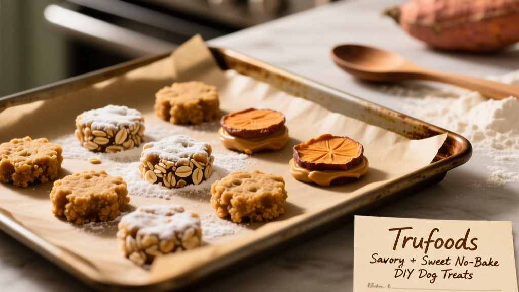 A close-up of golden-brown, no-bake dog treats arranged on a parchment-lined baking sheet