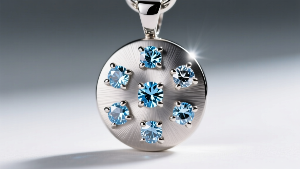 Macro shot of a 316L stainless steel Six Eyes pendant showing brushed metal texture and prong-set synthetic moissanite stones.