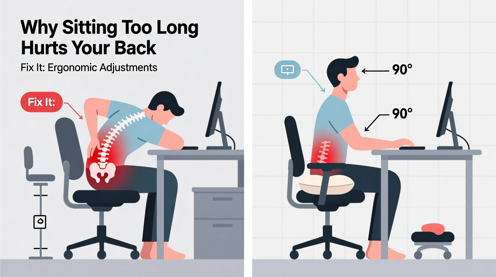 why does my lower back ache when i sit too long ergonomic fixes