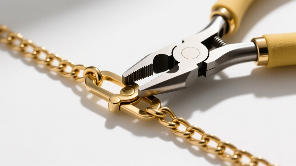 Top view of a brass counterweight clasp being attached to a gold rope chain using nylon jaw pliers on a jeweler's workbench.