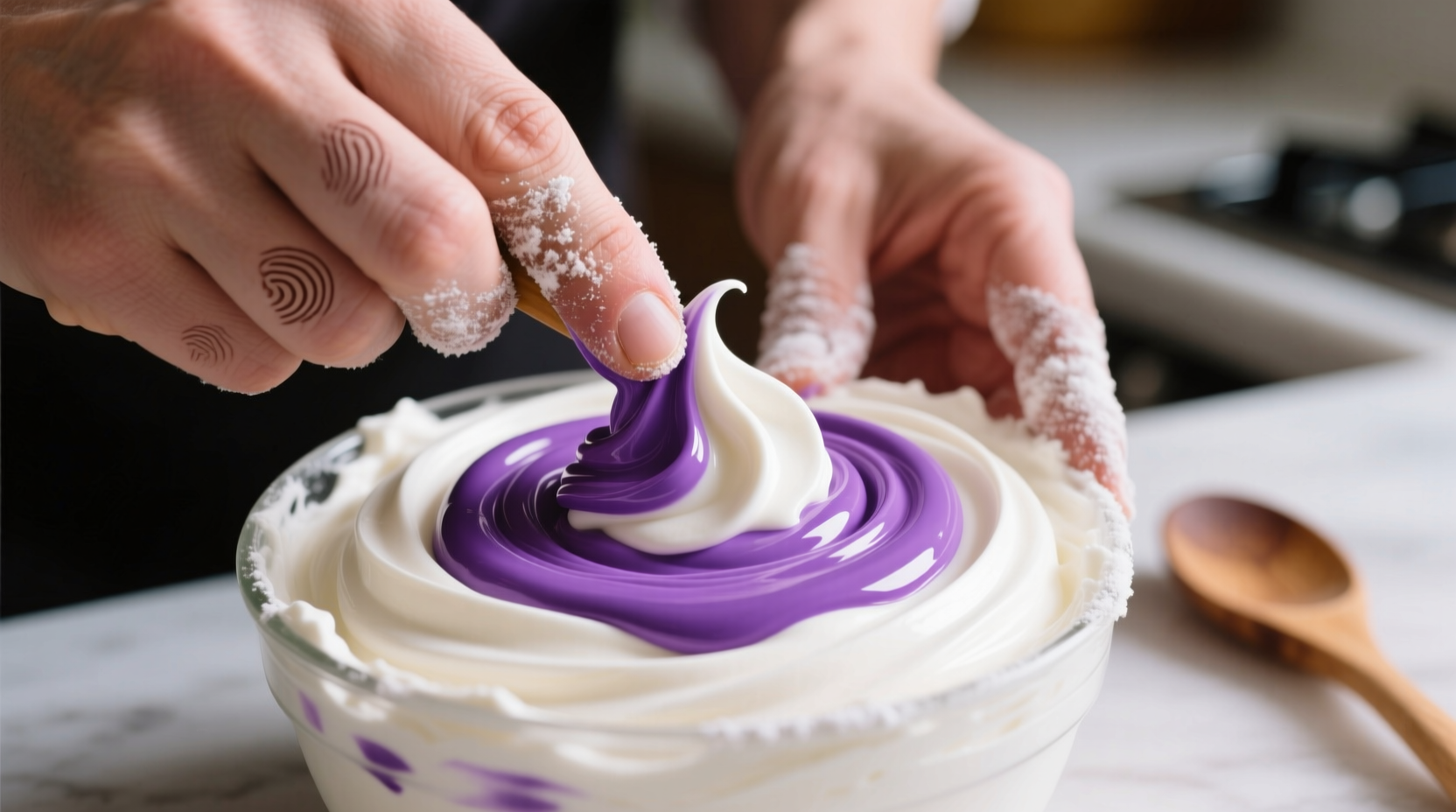 Hands mixing purple food coloring in white frosting