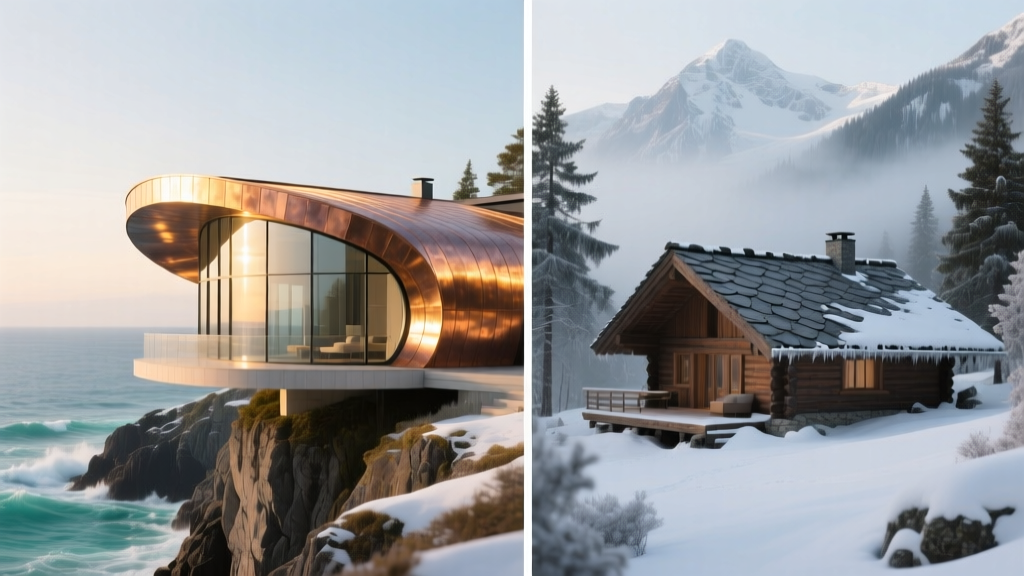 Split-screen architectural rendering showing a coastal home with a copper roof and a snowy mountain cabin with a thick slate roof