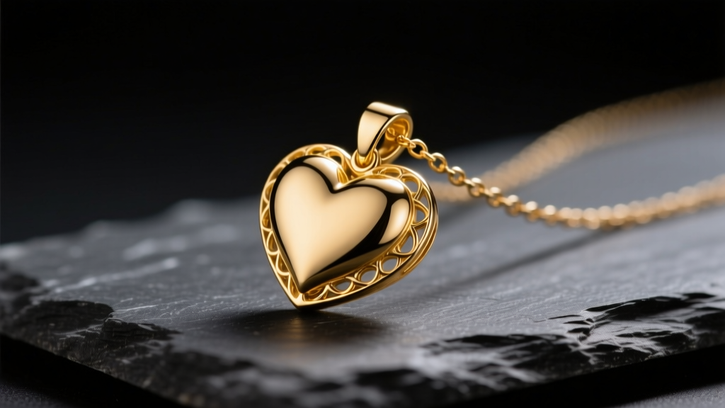 Close-up of a 14k solid gold heart pendant necklace on dark slate, illuminated by soft directional studio lighting.