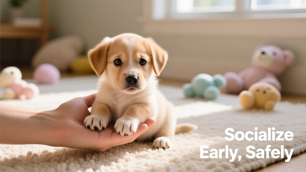 A gentle hand holding a curious 8-week-old puppy indoors, surrounded by soft toys and a clean rug