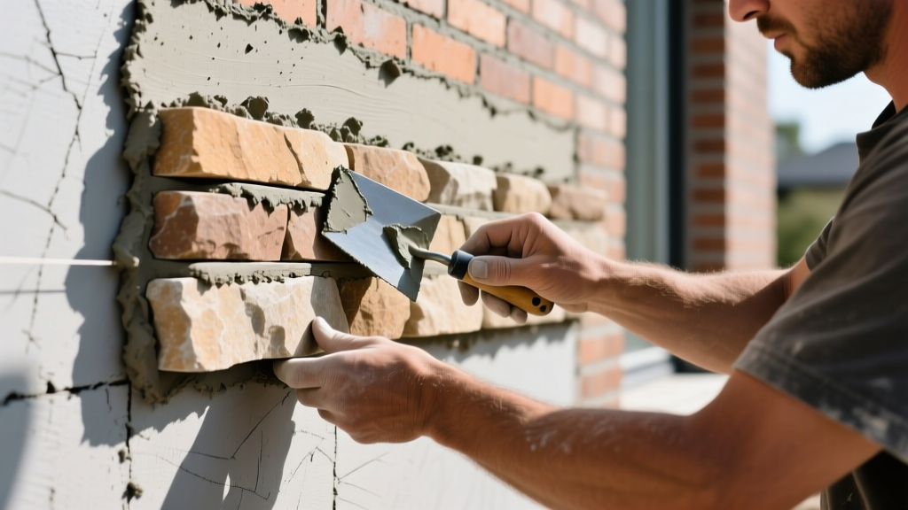 Mason back-buttering a stacked stone veneer piece with mortar before pressing it onto a scored scratch coat on an exterior wall