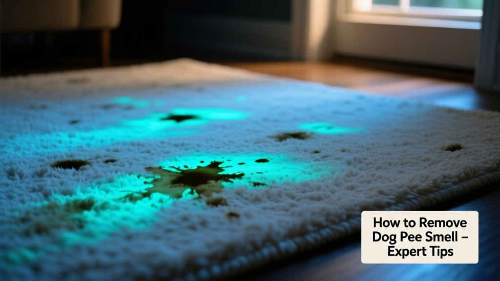 Close-up of a blacklight illuminating invisible urine stains on a light-colored rug