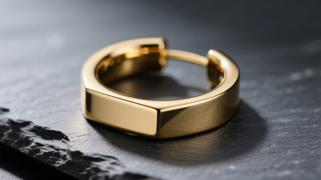 Macro shot of a 14k solid gold flat wire hoop earring on dark slate, highlighting its rectangular cross-section and polished edge.